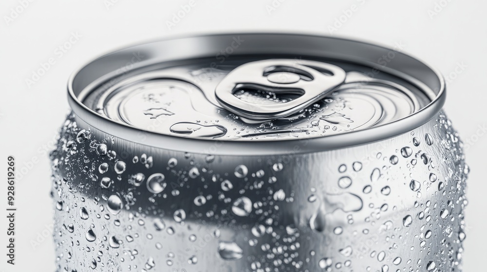 Close-up of a cold, refreshing beverage can with condensation forming droplets on its surface. Ideal for a variety of advertising needs. Close-up of a cold, refreshing beverage can with condensation forming droplets on its surface. Ideal for a variety of advertising needs.