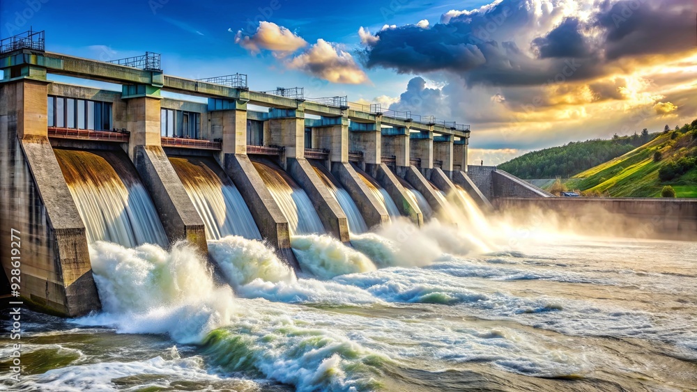 A hydroelectric power station generating renewable energy from flowing water, renewable energy A hydroelectric power station generating renewable energy from flowing water, renewable energy
