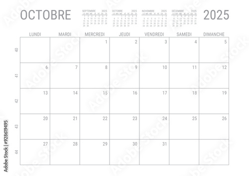 Calendrier Octobre 2025 Mensuel Planificateur avec Numero de Semaine à imprimer A4