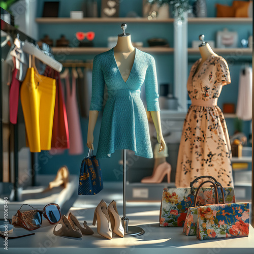 Design an image showcasing a chic fashion boutique with mannequins dressed in trendy seasonal outfits. Include a variety of clothing styles, from casual wear to formal attire, with accessories like sh photo