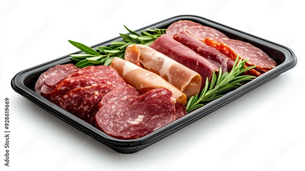 An appetizing assortment of cured meats beautifully arranged with fresh herbs on a black tray, perfect for charcuterie boards. An appetizing assortment of cured meats beautifully arranged with fresh herbs on a black tray, perfect for charcuterie boards.