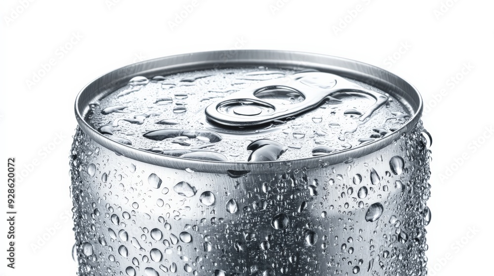 Close-up of a cold beverage can with water droplets on the surface, isolated on a white background. Close-up of a cold beverage can with water droplets on the surface, isolated on a white background.