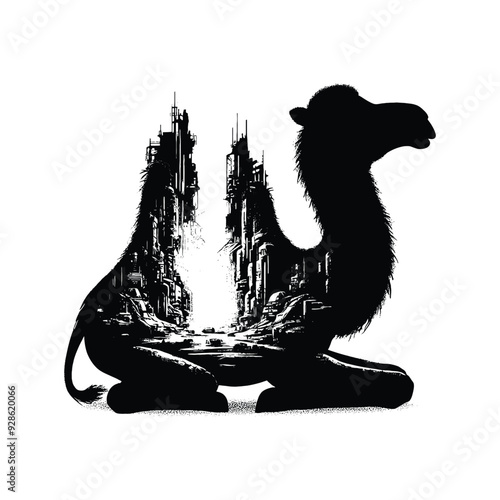 silhouette of Camel filled with destroyed futuristic dystopia environment in rough drawing,
