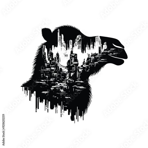 silhouette of Camel filled with destroyed futuristic dystopia environment in rough drawing,