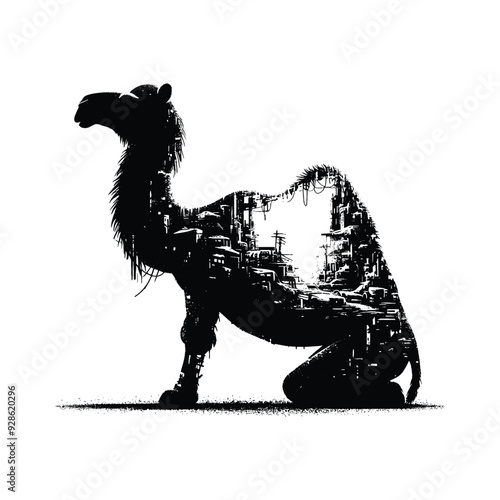 silhouette of Camel filled with destroyed futuristic dystopia environment in rough drawing,