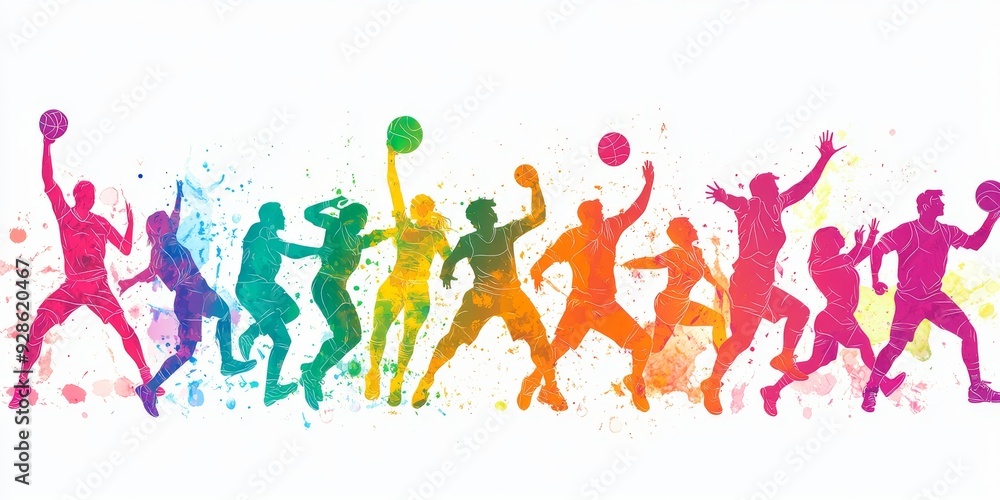 Colorful abstract silhouettes of basketball players in various action poses Colorful abstract silhouettes of basketball players in various action poses