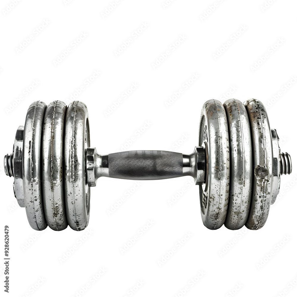 Fototapeta premium Vintage metal dumbbell with adjustable weights, showing its aged and worn appearance, set against a clear background