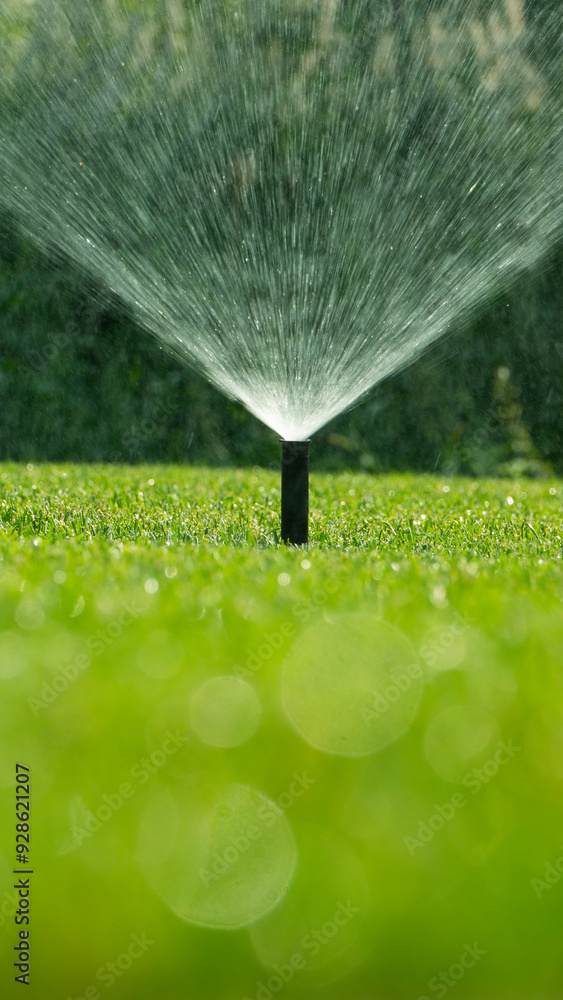 Fototapeta premium Automatic sprinkler watering the lawn on a clear sunny day