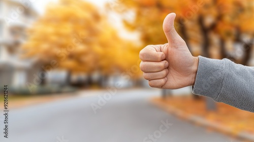 A hand shows a thumbs-up gesture against a blurred backdrop of colorful autumn leaves and a peaceful street, symbolizing positivity and approval photo