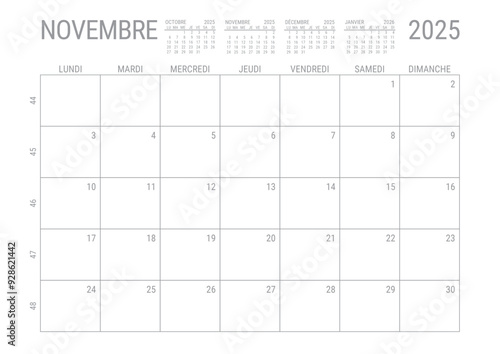 Calendrier Novembre 2025 Mensuel Planificateur avec Numero de Semaine à imprimer A4	
