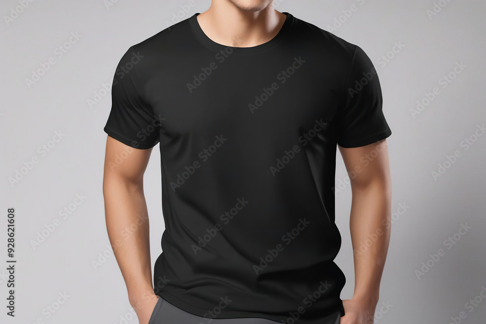 Man wearing a plain black t-shirt, standing against a grey background. Man wearing a plain black t-shirt, standing against a grey background.