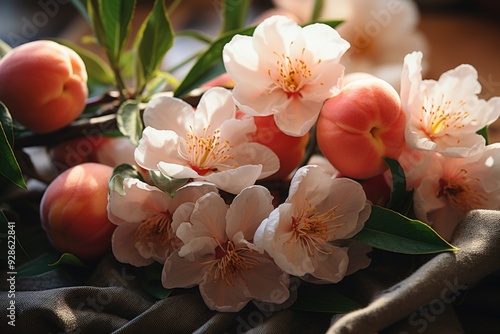 Flower arrangement and high angle peaches, generative IA