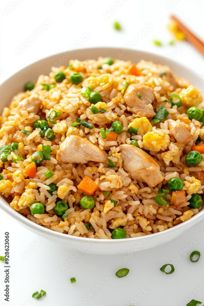 Chicken Fried Rice, A popular variation that includes pieces of chicken, along with common ingredients like eggs, vegetables, and soy sauce.isolated on white background Chicken Fried Rice, A popular variation that includes pieces of chicken, along with common ingredients like eggs, vegetables, and soy sauce.isolated on white background