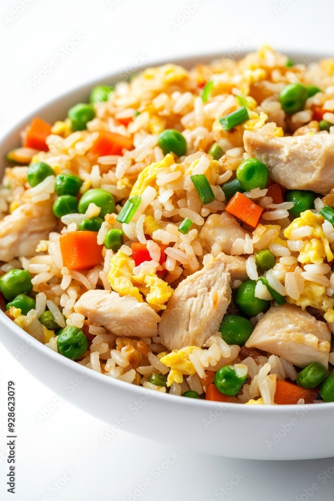 Chicken Fried Rice, A popular variation that includes pieces of chicken, along with common ingredients like eggs, vegetables, and soy sauce.isolated on white background Chicken Fried Rice, A popular variation that includes pieces of chicken, along with common ingredients like eggs, vegetables, and soy sauce.isolated on white background