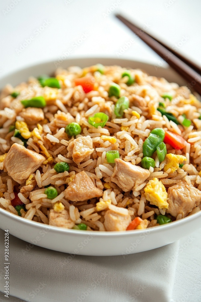 Chicken Fried Rice, A popular variation that includes pieces of chicken, along with common ingredients like eggs, vegetables, and soy sauce, isolated on white background Chicken Fried Rice, A popular variation that includes pieces of chicken, along with common ingredients like eggs, vegetables, and soy sauce, isolated on white background