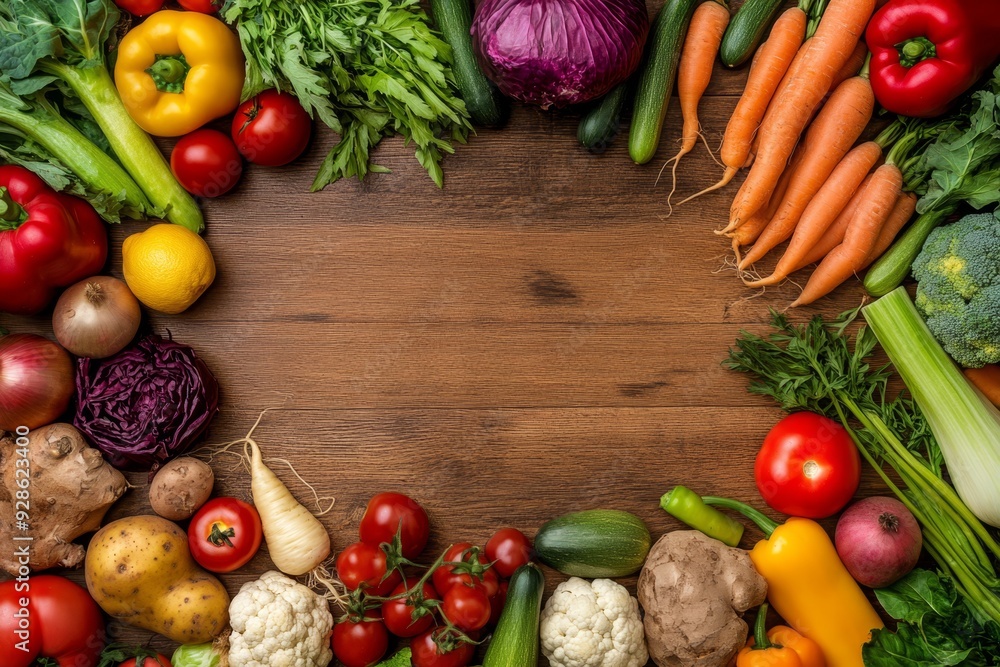 A variety of fresh vegetables arranged in a circle on a rustic wooden background. Perfect for culinary, organic, or farm-themed projects. A variety of fresh vegetables arranged in a circle on a rustic wooden background. Perfect for culinary, organic, or farm-themed projects.