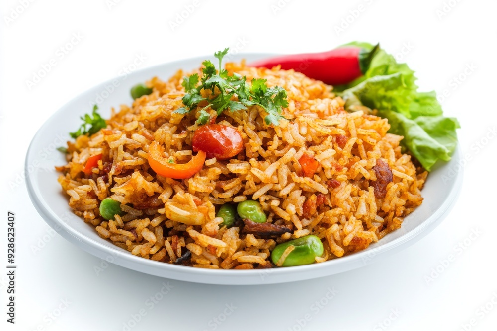 Javanese Fried Rice, Originating from Java, this fried rice is characterized by its use of sambal (chili paste) and petai (stink beans). isolated on white background Javanese Fried Rice, Originating from Java, this fried rice is characterized by its use of sambal (chili paste) and petai (stink beans). isolated on white background