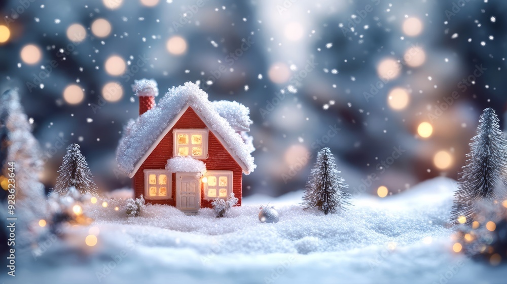 Cozy Christmas scene with a snow-covered house and trees. Perfect for holiday cards and winter decorations Cozy Christmas scene with a snow-covered house and trees. Perfect for holiday cards and winter decorations