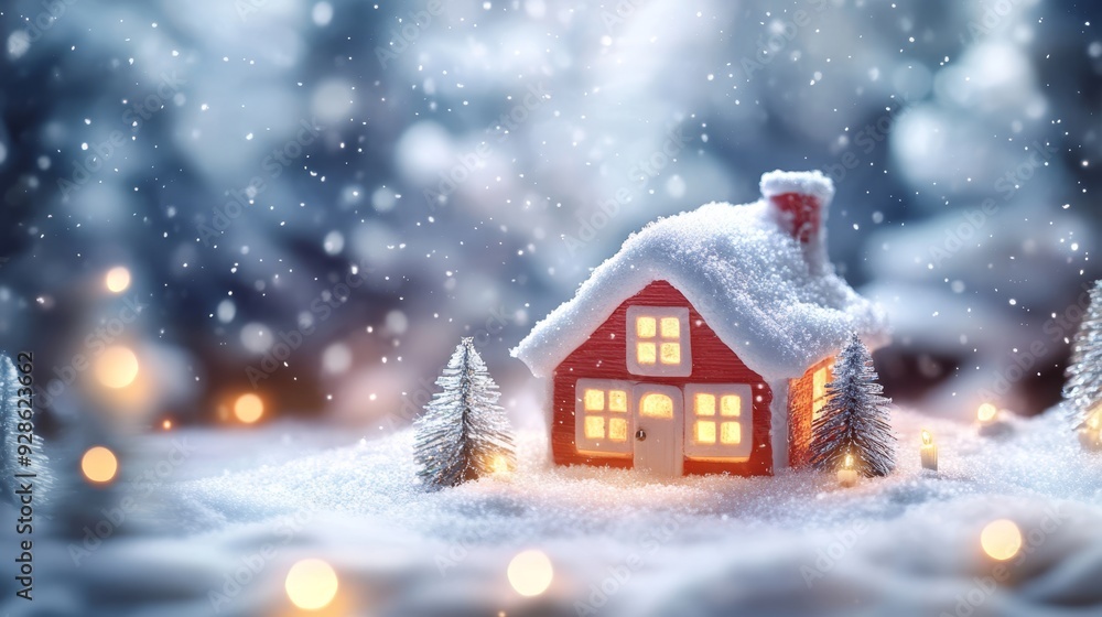 Cozy Christmas scene with a snow-covered house and trees. Perfect for holiday cards and winter decorations Cozy Christmas scene with a snow-covered house and trees. Perfect for holiday cards and winter decorations