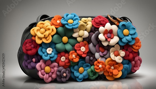 Stylish tote bag featuring vibrant hand-knitted flowers. It is ideal for casual outings or as a unique gift