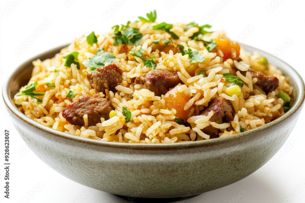 Mutton Fried Rice,Made with tender pieces of mutton, this fried rice is rich and flavorful, often spiced with turmeric, ginger, and coriander. isolated on white background Mutton Fried Rice,Made with tender pieces of mutton, this fried rice is rich and flavorful, often spiced with turmeric, ginger, and coriander. isolated on white background