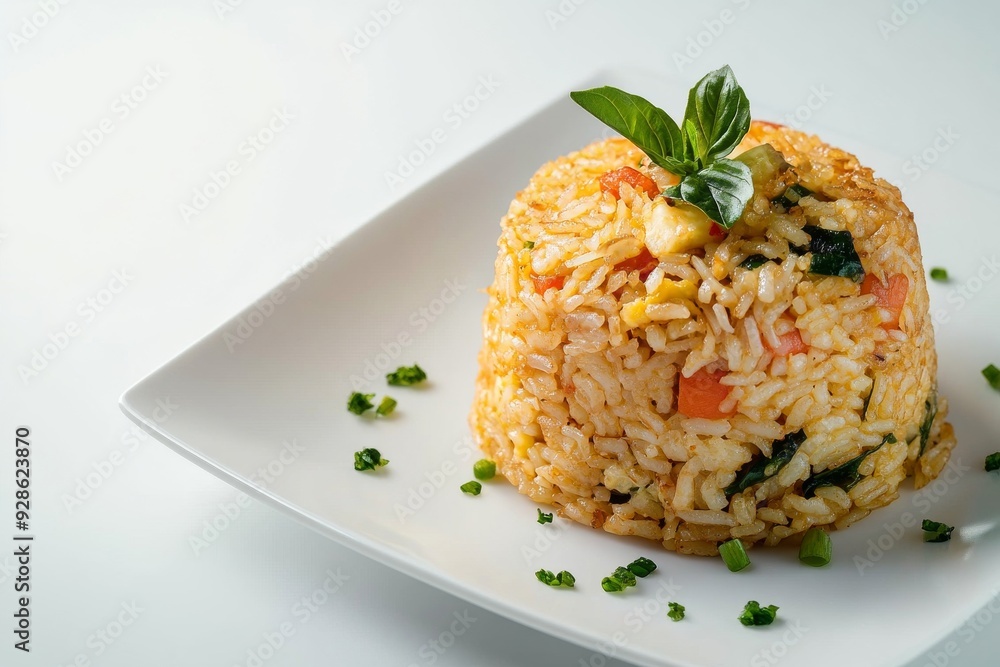 Pattaya Fried Rice, A Malaysian-inspired dish where the fried rice is wrapped in a thin omelette, making it both visually appealing and delicious. isolated on white background Pattaya Fried Rice, A Malaysian-inspired dish where the fried rice is wrapped in a thin omelette, making it both visually appealing and delicious. isolated on white background