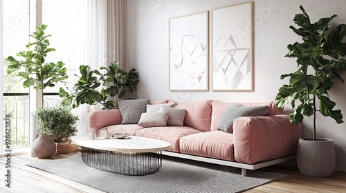 Scandinavian design, minimalist living room, pastel pink couch, white wooden coffee table, light grey rug, potted plants in the corners, large window with soft natural light, warm wooden flooring, photo