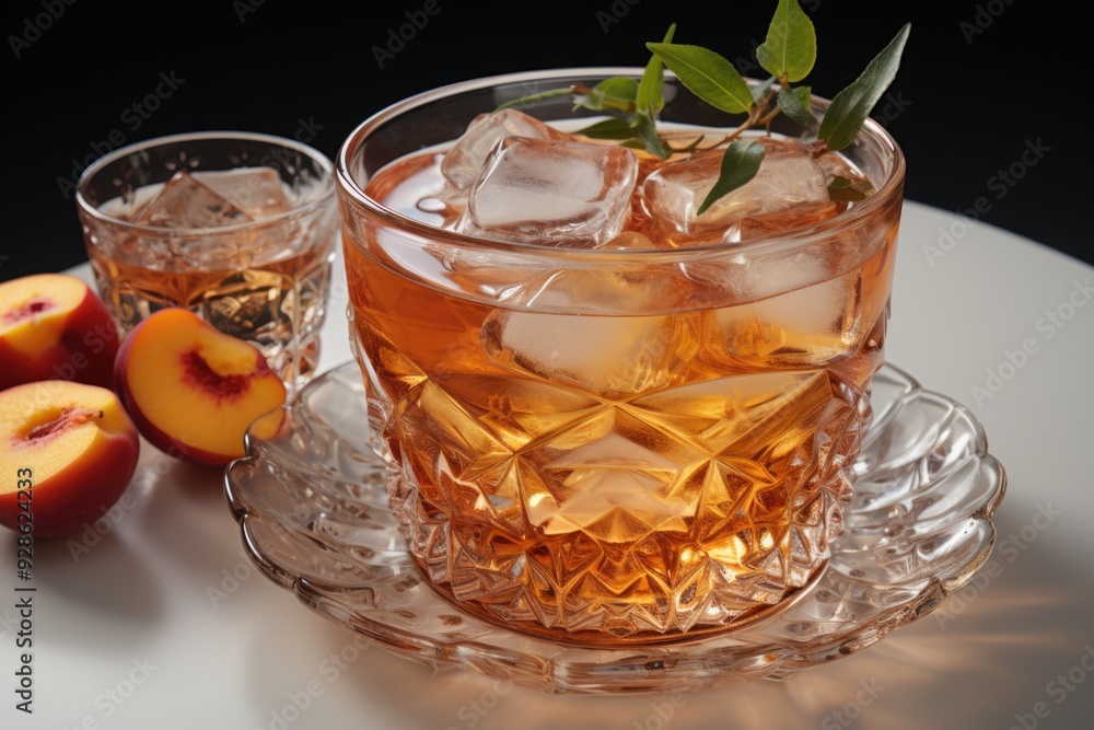 Peach tea cup with isolated ice cubes in the white background, generative IA Peach tea cup with isolated ice cubes in the white background, generative IA