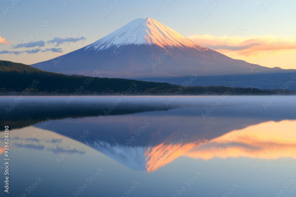 A stunning sunrise view of Mount Fuji reflected in a calm lake, with soft morning light illuminating the scene. Perfect for travel and nature photography. A stunning sunrise view of Mount Fuji reflected in a calm lake, with soft morning light illuminating the scene. Perfect for travel and nature photography.
