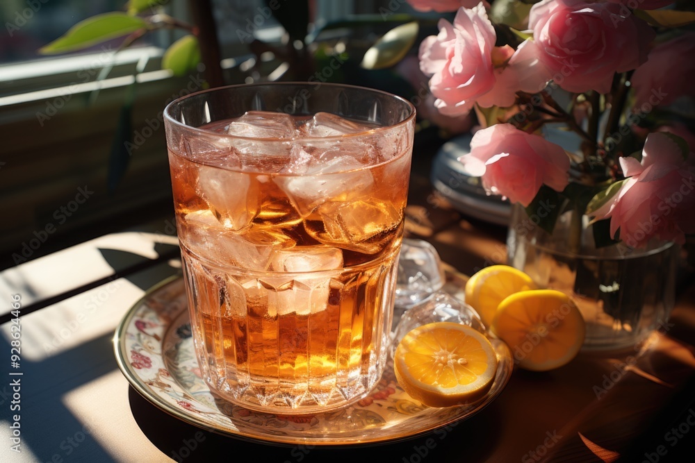 Peach tea cup with ice cubes on the wooden table, generative IA Peach tea cup with ice cubes on the wooden table, generative IA