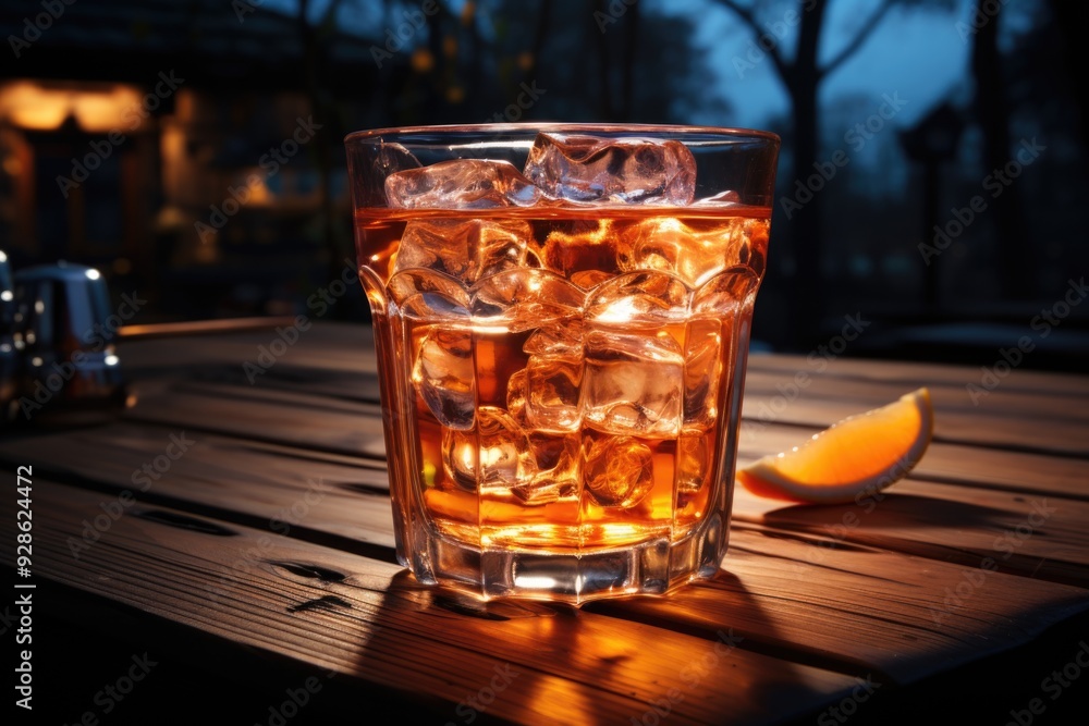 Peach tea cup with ice cubes on the wooden table, generative IA Peach tea cup with ice cubes on the wooden table, generative IA