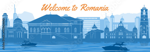 romania famous landmark silhouette style behind river and boat and in front of towers,vector illustration