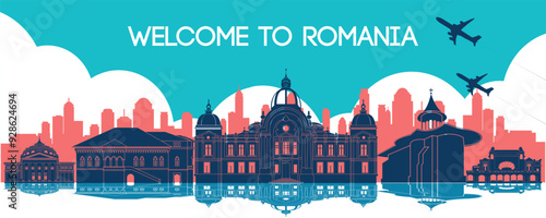 Romania famous landmark silhouette style, vector illustration