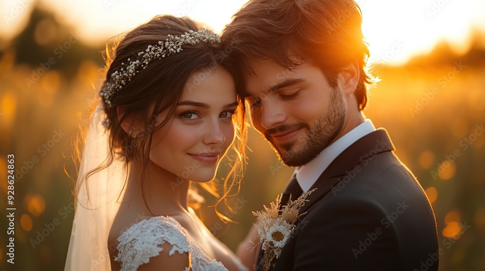 At sunset in lush nature, a beautiful bride and groom. At sunset in lush nature, a beautiful bride and groom.