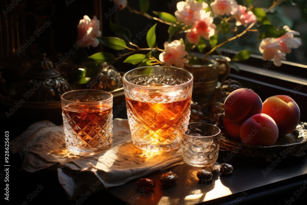 Baroque style with peaches and drink, generative IA Baroque style with peaches and drink, generative IA