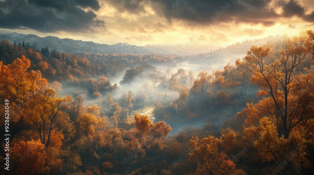 A view of a forest with fog and trees in the distance, AI A view of a forest with fog and trees in the distance, AI