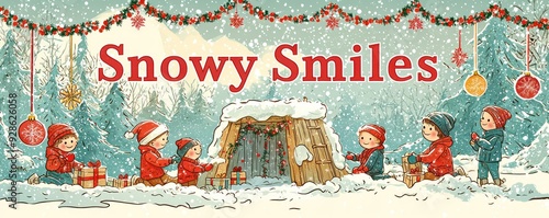 A cheerful Christmas banner with a snowy scene of children building a snow fort with festive garlands and ornaments. Add 