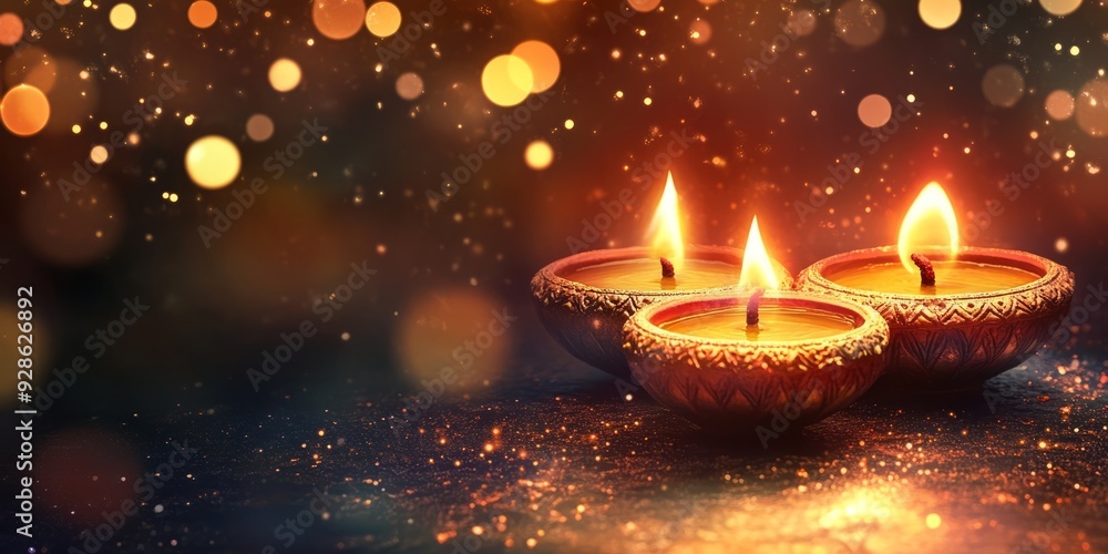 Colorful bokeh banner with traditional oil lamps and flowers for Diwali celebrations Colorful bokeh banner with traditional oil lamps and flowers for Diwali celebrations