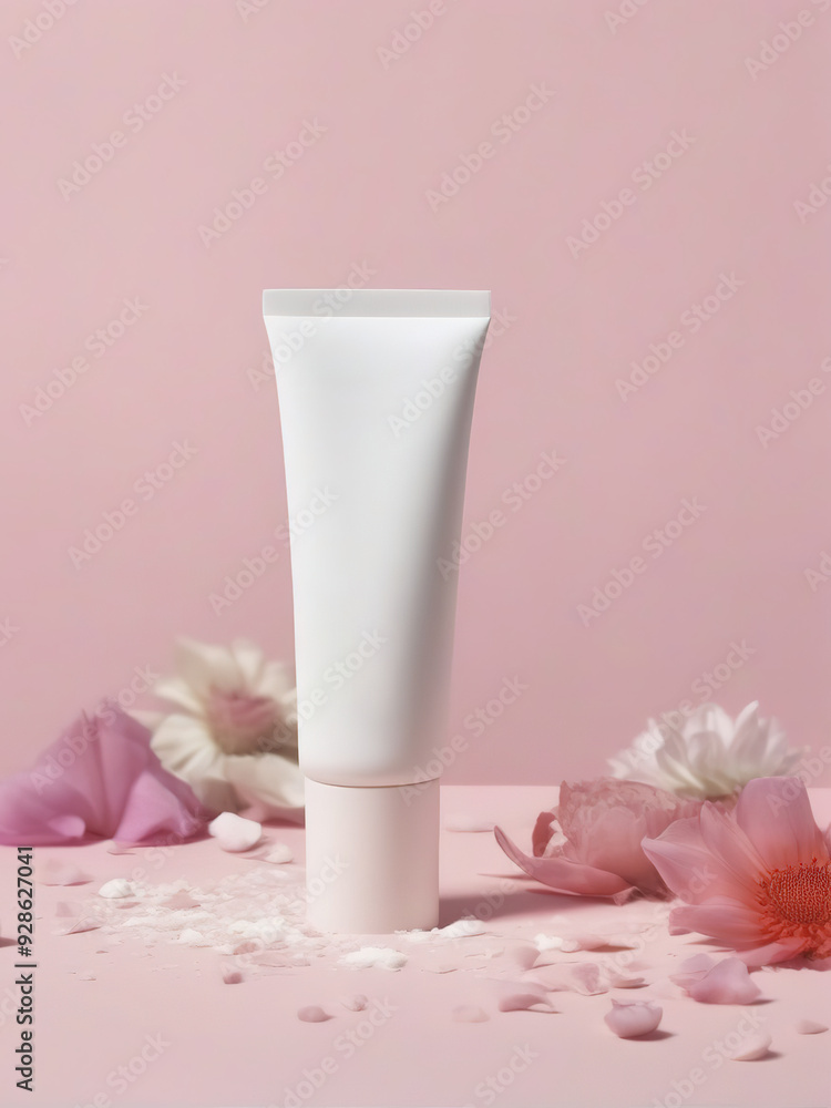 White tube cosmetic product on a pink background with scattered flower petals. White tube cosmetic product on a pink background with scattered flower petals.
