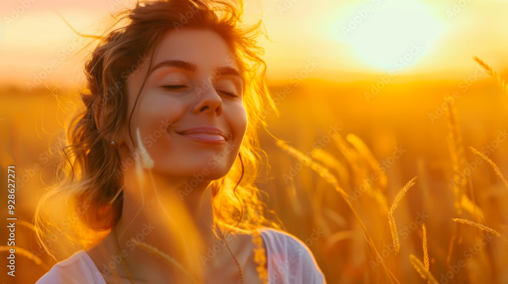 Portrait of a beautiful woman enjoying the sunset on a field. Happy woman resting in nature. Relaxation, nature concept. Portrait of a beautiful woman enjoying the sunset on a field. Happy woman resting in nature. Relaxation, nature concept.