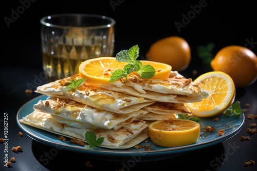 White fruit lavash with yellow peins on a white plate on blue background. high q, generative IA photo