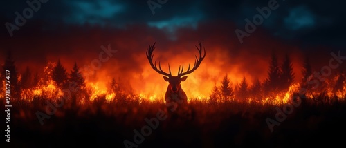 A majestic deer stands against a backdrop of intense wildfire, symbolizing nature's resilience amidst destruction.