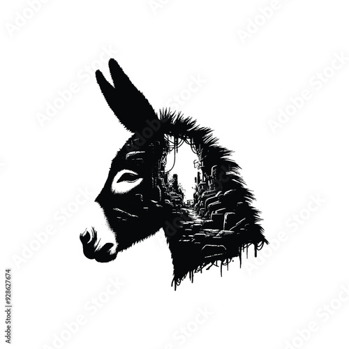 silhouette of Donkey filled with destroyed futuristic dystopia environment in rough drawing,