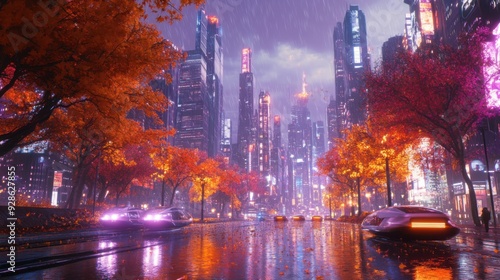 Wallpaper Mural Futuristic cityscape during autumn rain with neon lights and cars. Torontodigital.ca