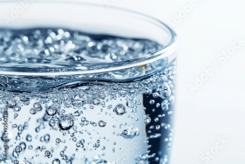 Close-up of a glass of sparkling water, showcasing bubbles rising to the surface against a light background. Refreshing and hydrating beverage.