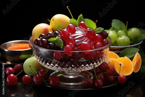 FRUIT DISH WITH GREENGAGE WATERLY Plum Grapes Piem Damasco Strawberry Melon and , generative IA photo