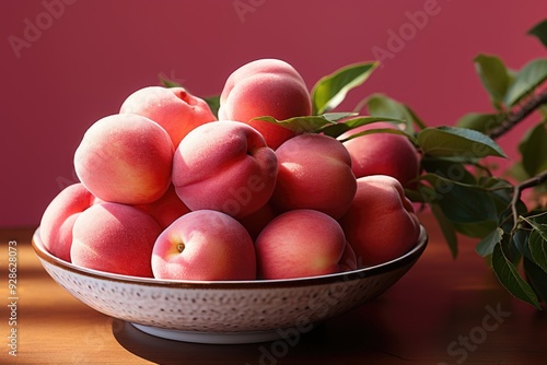 Dish of mature peaches in pink background text for text, generative IA