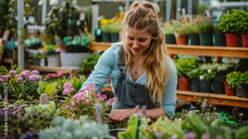 Fototapeta Naklejka Na Ścianę i Meble -  A smiling woman in an apron and casual clothes works in a greenhouse. A young woman takes care of flowers and plants in a garden center. Concept of care, ecology, gardening.