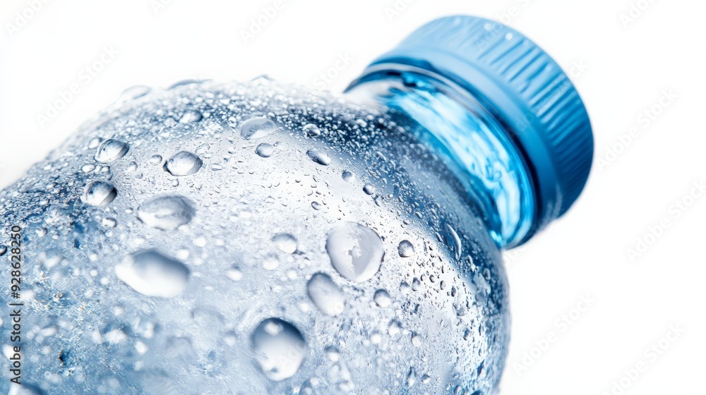 Close-up of a plastic water bottle covered with droplets, showing the texture and freshness of cold water. Ideal for hydration and health concepts. Close-up of a plastic water bottle covered with droplets, showing the texture and freshness of cold water. Ideal for hydration and health concepts.