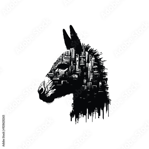 silhouette of Donkey filled with destroyed futuristic dystopia environment in rough drawing,